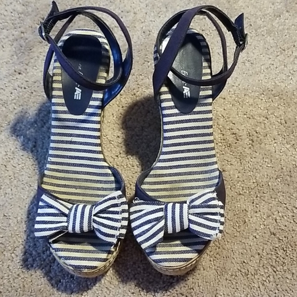 American Eagle By Payless Shoes - Navy White Stripe AE Wedge Sandals